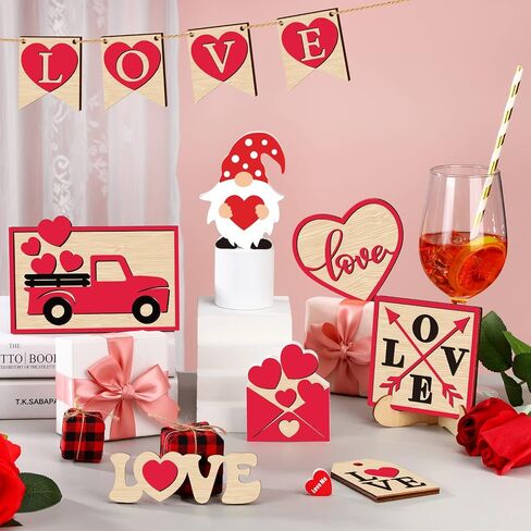 Jetec 12 Pcs Valentine's Day Tiered Tray Decor Set Valentines Heart Wood Sign Gnome Truck Rustic Farmhouse Tray Signs Table Decor for Romantic Valentine's Day Home Kitchen (Love) in Saudi Arabia