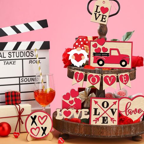 Jetec 12 Pcs Valentine's Day Tiered Tray Decor Set Valentines Heart Wood Sign Gnome Truck Rustic Farmhouse Tray Signs Table Decor for Romantic Valentine's Day Home Kitchen (Love) in Saudi Arabia