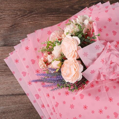 30 Sheets Heart Flower Tissue Paper, 19.68x13.78in Wrapping Tissue Paper Heart Flower Patterns Decorative Gift Wrapping Paper Sheets for Christmas Wedding Birthday Party Crafts Packing (pink) in Saudi Arabia