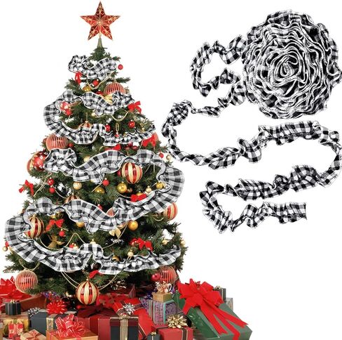 شجرة عيد الميلاد الشريط إكليل الجاموس منقوشة زينة عيد الميلاد 7.87 قدم × 16 لفات، شريط شجرة عيد الميلاد منقوشة، أبيض وأسود قماش الاختيار الجاموس لتزيين شجرة عيد الميلاد in Kuwait