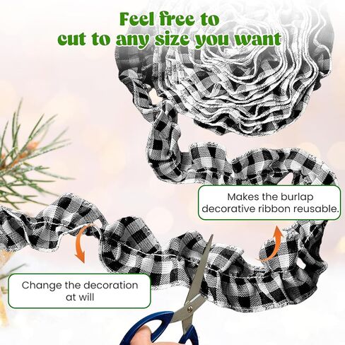 شجرة عيد الميلاد الشريط إكليل الجاموس منقوشة زينة عيد الميلاد 7.87 قدم × 16 لفات، شريط شجرة عيد الميلاد منقوشة، أبيض وأسود قماش الاختيار الجاموس لتزيين شجرة عيد الميلاد in Kuwait