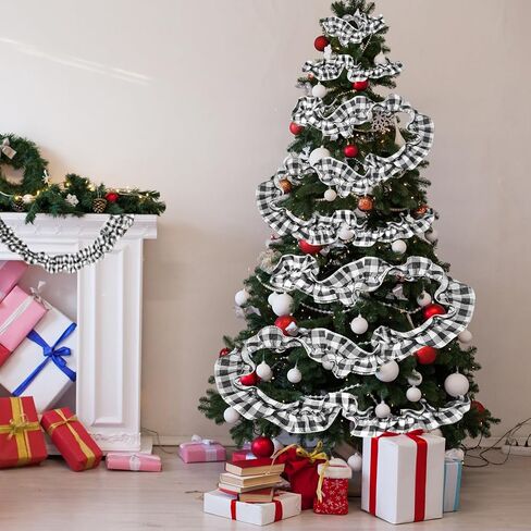 شجرة عيد الميلاد الشريط إكليل الجاموس منقوشة زينة عيد الميلاد 7.87 قدم × 16 لفات، شريط شجرة عيد الميلاد منقوشة، أبيض وأسود قماش الاختيار الجاموس لتزيين شجرة عيد الميلاد in Kuwait