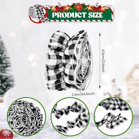 شجرة عيد الميلاد الشريط إكليل الجاموس منقوشة زينة عيد الميلاد 7.87 قدم × 16 لفات، شريط شجرة عيد الميلاد منقوشة، أبيض وأسود قماش الاختيار الجاموس لتزيين شجرة عيد الميلاد in Kuwait