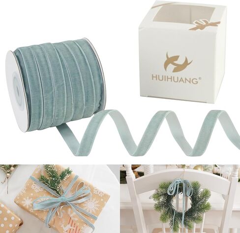 HUIHUANG Dusty Blue Velvet Ribbon 3/8 inch x 25 Yards Single Face Vintage Blue Velvet Ribbon for Gift Wrapping, Christmas Tree Ornaments, Wreath Decor, Bows, Flower Bouquet, Wedding Decor in Saudi Arabia