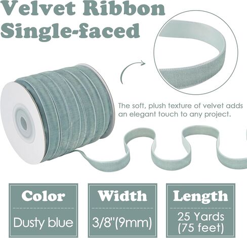 HUIHUANG Dusty Blue Velvet Ribbon 3/8 inch x 25 Yards Single Face Vintage Blue Velvet Ribbon for Gift Wrapping, Christmas Tree Ornaments, Wreath Decor, Bows, Flower Bouquet, Wedding Decor in Saudi Arabia