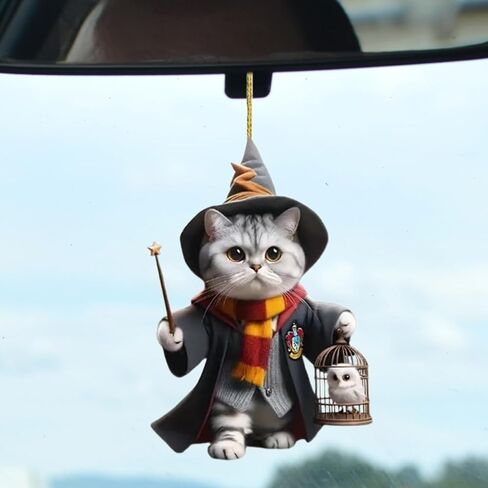 Magic Cat Car Rearview Mirror Accessories, 2D Flat Acrylic Pendant Car Rear View Mirror Charm, Christmas Tree Hanging Ornament, Car Interior Accessories Decor Present for Window (Carrying The cage) in Saudi Arabia