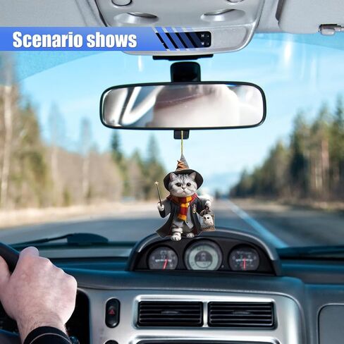 Magic Cat Car Rearview Mirror Accessories, 2D Flat Acrylic Pendant Car Rear View Mirror Charm, Christmas Tree Hanging Ornament, Car Interior Accessories Decor Present for Window (Carrying The cage) in Saudi Arabia