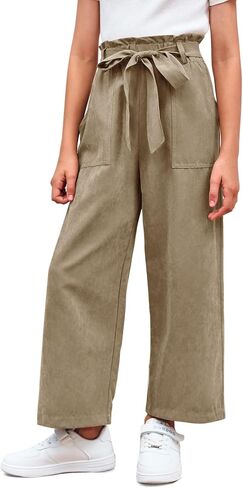 Meikulo Girls Paper Bag Wide Leg Pants Kids Fashion High Waisted Elastic Waist Trousers with Pockets 7-14 Years in Kuwait