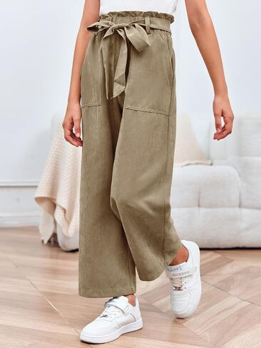 Meikulo Girls Paper Bag Wide Leg Pants Kids Fashion High Waisted Elastic Waist Trousers with Pockets 7-14 Years in Kuwait