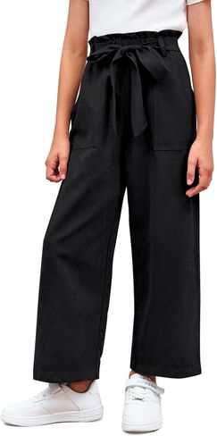 Meikulo Girls Paper Bag Wide Leg Pants Kids Fashion High Waisted Elastic Waist Trousers with Pockets 7-14 Years in Kuwait