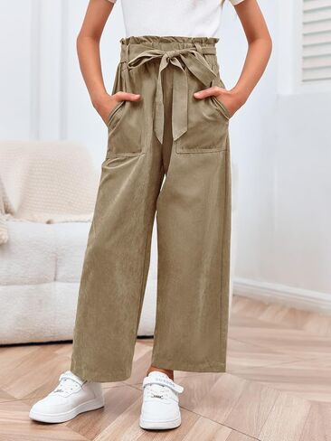 Meikulo Girls Paper Bag Wide Leg Pants Kids Fashion High Waisted Elastic Waist Trousers with Pockets 7-14 Years in Kuwait