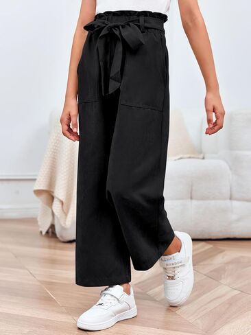 Meikulo Girls Paper Bag Wide Leg Pants Kids Fashion High Waisted Elastic Waist Trousers with Pockets 7-14 Years in Kuwait
