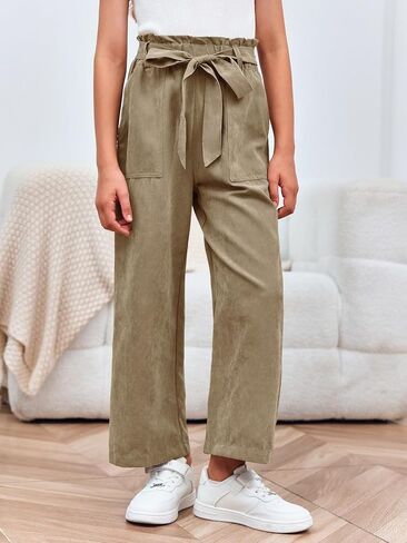 Meikulo Girls Paper Bag Wide Leg Pants Kids Fashion High Waisted Elastic Waist Trousers with Pockets 7-14 Years in Kuwait