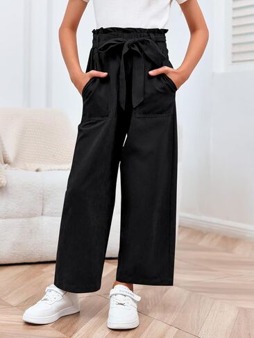 Meikulo Girls Paper Bag Wide Leg Pants Kids Fashion High Waisted Elastic Waist Trousers with Pockets 7-14 Years in Kuwait