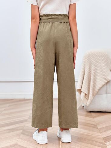 Meikulo Girls Paper Bag Wide Leg Pants Kids Fashion High Waisted Elastic Waist Trousers with Pockets 7-14 Years in Kuwait