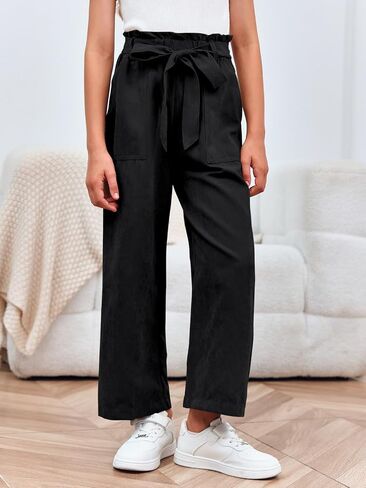 Meikulo Girls Paper Bag Wide Leg Pants Kids Fashion High Waisted Elastic Waist Trousers with Pockets 7-14 Years in Kuwait