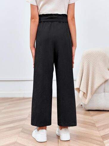 Meikulo Girls Paper Bag Wide Leg Pants Kids Fashion High Waisted Elastic Waist Trousers with Pockets 7-14 Years in Kuwait