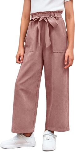 Meikulo Girls Paper Bag Wide Leg Pants Kids Fashion High Waisted Elastic Waist Trousers with Pockets 7-14 Years in Kuwait