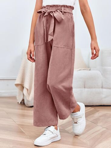 Meikulo Girls Paper Bag Wide Leg Pants Kids Fashion High Waisted Elastic Waist Trousers with Pockets 7-14 Years in Kuwait