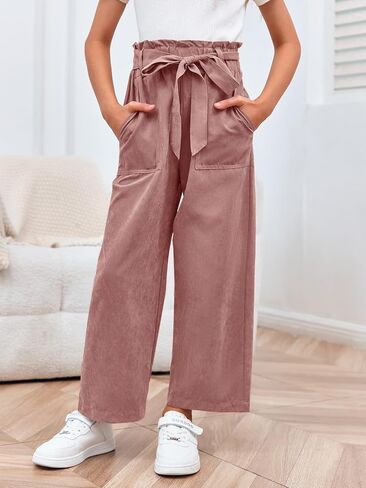 Meikulo Girls Paper Bag Wide Leg Pants Kids Fashion High Waisted Elastic Waist Trousers with Pockets 7-14 Years in Kuwait