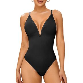 Deep V Neck Bodysuit Low Back Corset Shapewear for Women Tummy Control Thong Backless Body Shaper