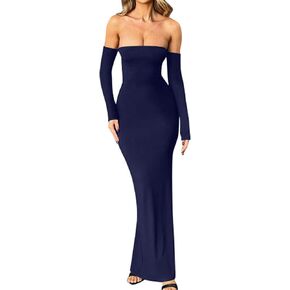YMDUCH Women's Sexy Off Shoulder Long Sleeve Bodycon Slim Fit Pencil Evening Party Long Dress
