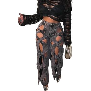 Vaceky Hollow Out Jeans Women Y2K Trendy High Waist Straight Leg Stretchy Summer Denim Pant