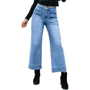 Sidefeel Women's Straight Leg Jeans High Waisted Stretchy Wide Leg Denim Pants with Patch Pockets
