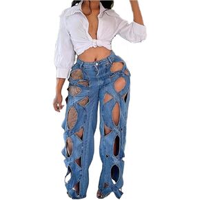 Vaceky Hollow Out Jeans Women Y2K Trendy High Waist Straight Leg Stretchy Summer Denim Pant