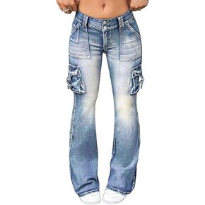Flamingals Women's Cargo Mid Waisted Jeans Wide Leg Butt Lifting Flap Pocket Flare Y2k Denim Pants