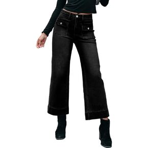 Sidefeel Women's Straight Leg Jeans High Waisted Stretchy Wide Leg Denim Pants with Patch Pockets