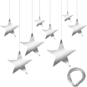 24 Pcs Silver Cardboard Stars Silver Glitter Stars Cutouts for Party Decoration 4 Sizes Glitter Star Cardboard with Nylon String Double Printed Paper Star Decorations for Wedding Wall Decor