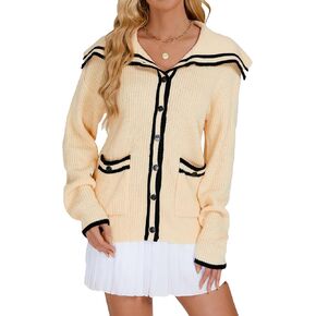 Women's Sailor Cardigan Sweater Button Down V Neck Knitted Sweater Casual Oversized Cable Knit Chunky Jackets