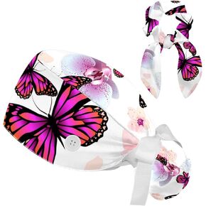 Working Cap with Button Sweatband, Neon Butterflies Scrub Cap Surgical Hats for Women Long Hair