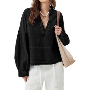 PLNOTME Womens Denim Tops Pullover Trendy Casual V Neck Loose Fit Puff Sleeve Jean Cotton Shirts