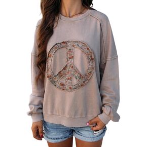 KevaMolly Womens Long Sleeve Tops Floral Peace Symbol Drop Shoulder Sweatshirt Crewneck Casual Pullover Top