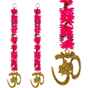 Set of 2 Metal Om Hangings with Artificial Flower Traditional Handcrafted Latkan Home Décor for Door Wall Home Temple Offices Hotel and Gifting