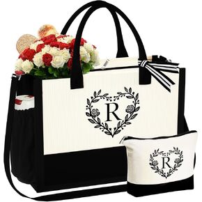 YOOLIFE Gifts for Women - Monogram Initial Beach Tote Bag with Makeup Bag Mothers Day Birthday Gifts for Women Her