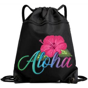 Large Aloha Draw String Beach Bag Tote Shoulder Diaper Gym Hawaii Travel Bag, Pool Bag, Overnight bag, Carry On Bag & Grocery Bag with 1 Aloha Sticker