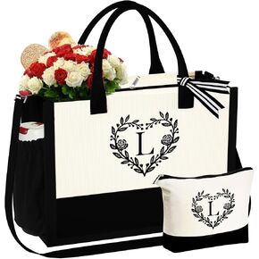 YOOLIFE Gifts for Women - Monogram Initial Beach Tote Bag with Makeup Bag Mothers Day Birthday Gifts for Women Her