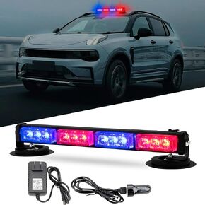 Rechargeable Red Blue Emergency Strobe Light,12 LED Rooftop Emergency Hazard Strobe Light Bar w/Suction Cups, 17 Flash Modes Beacon Light for Construction Vehicles Trucks Snowplow (Red Blue)