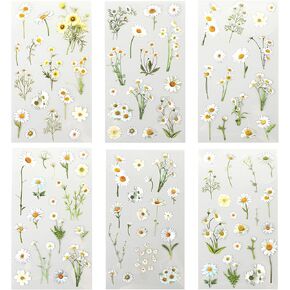 Daisy Stickers, 6 Pcs Transparent Decals for Crafts Waterproof Flower Stickers White Daisy Vinyl Flower Themed Decals for Scrapbook Supplies Card Making Journaling Water Bottles DIY Crafts Decoration