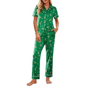 Ekouaer Women 2 Piece Pajamas Set Button Down Short Sleeve Pjs Set Soft Lounge Set with Long Pants S-XXL