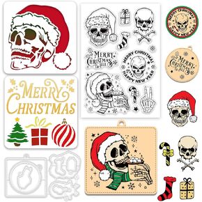 ORIGACH Merry Christmas Wishes Clear Stamps Cutting Dies Stencils Set, Silicone Stamps Metal Die Cut and PET Stencil Template with Christmas Elements for Card Making Scrapbooking DIY Crafting