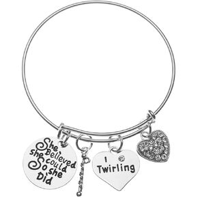 Sportybella Baton Twirling Charm Bangle Bracelet- Twirling Jewelry - She Believed She Could Twirl- Majorette Bracelet- Gift For Baton Twirler