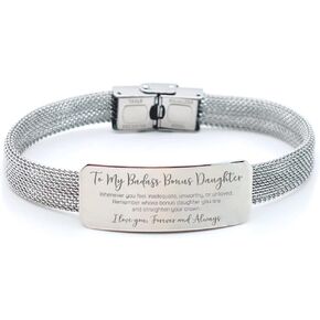 To My Badass Bonus Daughter Gifts From Stepdad, Gifts for Bonus Daughter Christmas Personalized jewelry Bonus Daughter Engraved Bracelet Christmas Birthday Gifts for Bonus Daughter Graduation Gifts