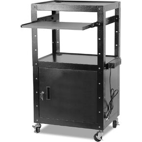 AV Cart, Rolling Presentation Cart Station, Height Adjustable Media Cart for Video Projector, TV, Printers, Computers with 1 Storage Locking Cabinet, 1 Sliding Keyboard Tray, 3 Outlets, 2 USB Ports