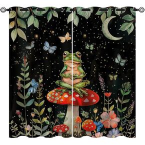 Mushroom Frog Blackout Curtains for Girls Boys Kids Home Decor, Butterfly Frog Night Moon Flower Grommet Thermal Insulated Drapes Darkening Window Curtain for Bedroom Living Room, 42 x 63 Inch