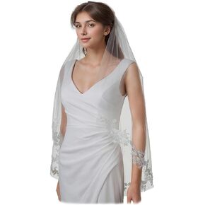 SAMKY White Bridal Wedding Veil with Faux Pearl Embroidered Lace - Fingertip Length 36"