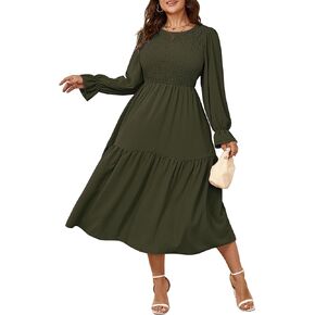 Women's Plus Size Dress Long Sleeve Crewneck Smocked Tiered Flowy Boho Wedding Party Maxi Dresses